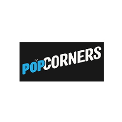 A black and blue logo for popcorn corners on a white background.