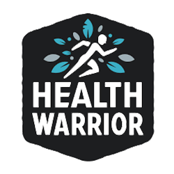 A health warrior logo with a running man and leaves.
