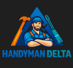 Logo for Handyman Delta featuring a smiling worker with crossed arms in front of a blue triangle, hammer, and tool.