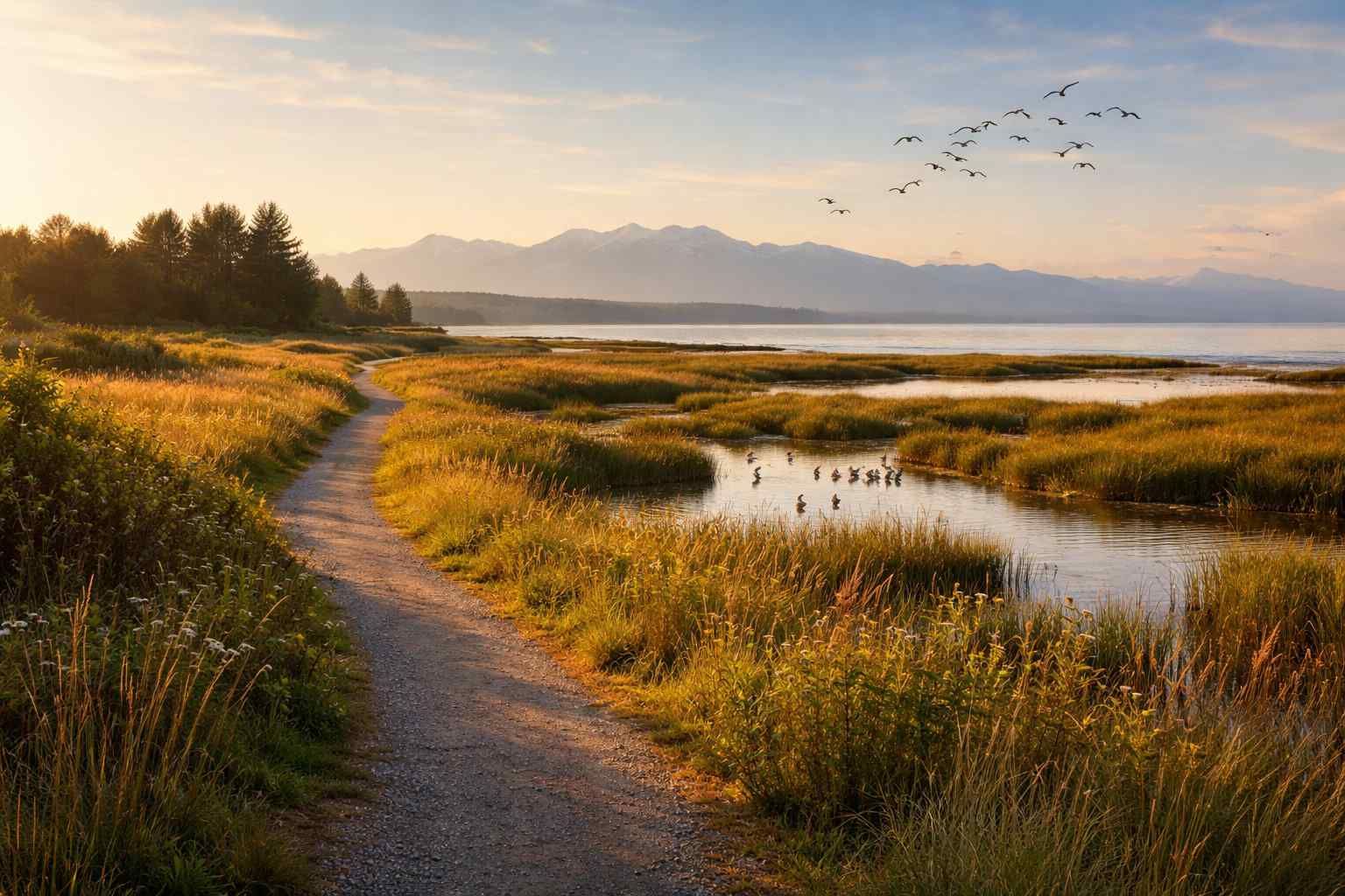 A path winds through golden marshlands beside a calm lake with mountains in the background under a soft, sunset sky.