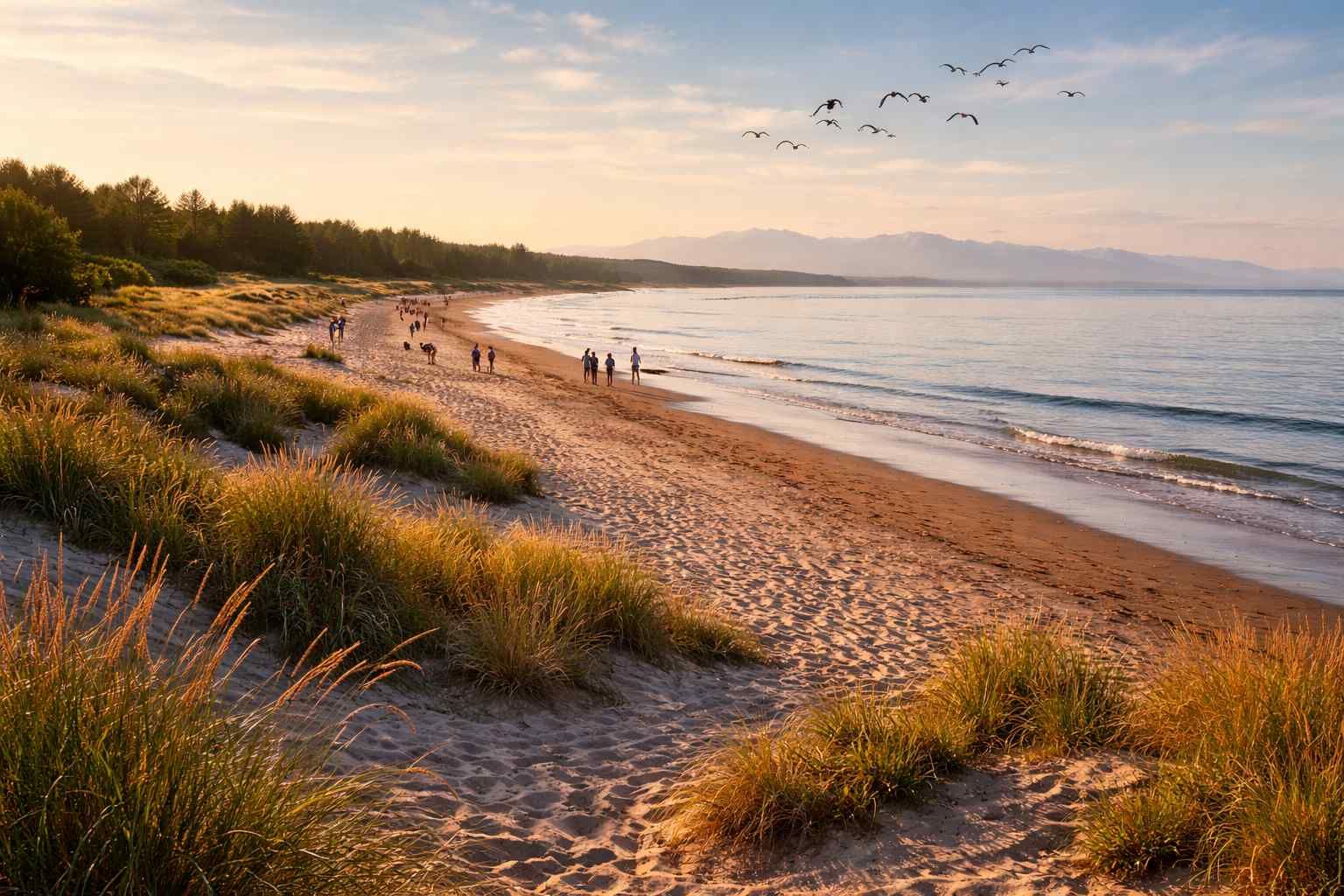 People walk along a sandy beach with dune grass in the foreground under a soft, golden sunset with birds flying overhead.
