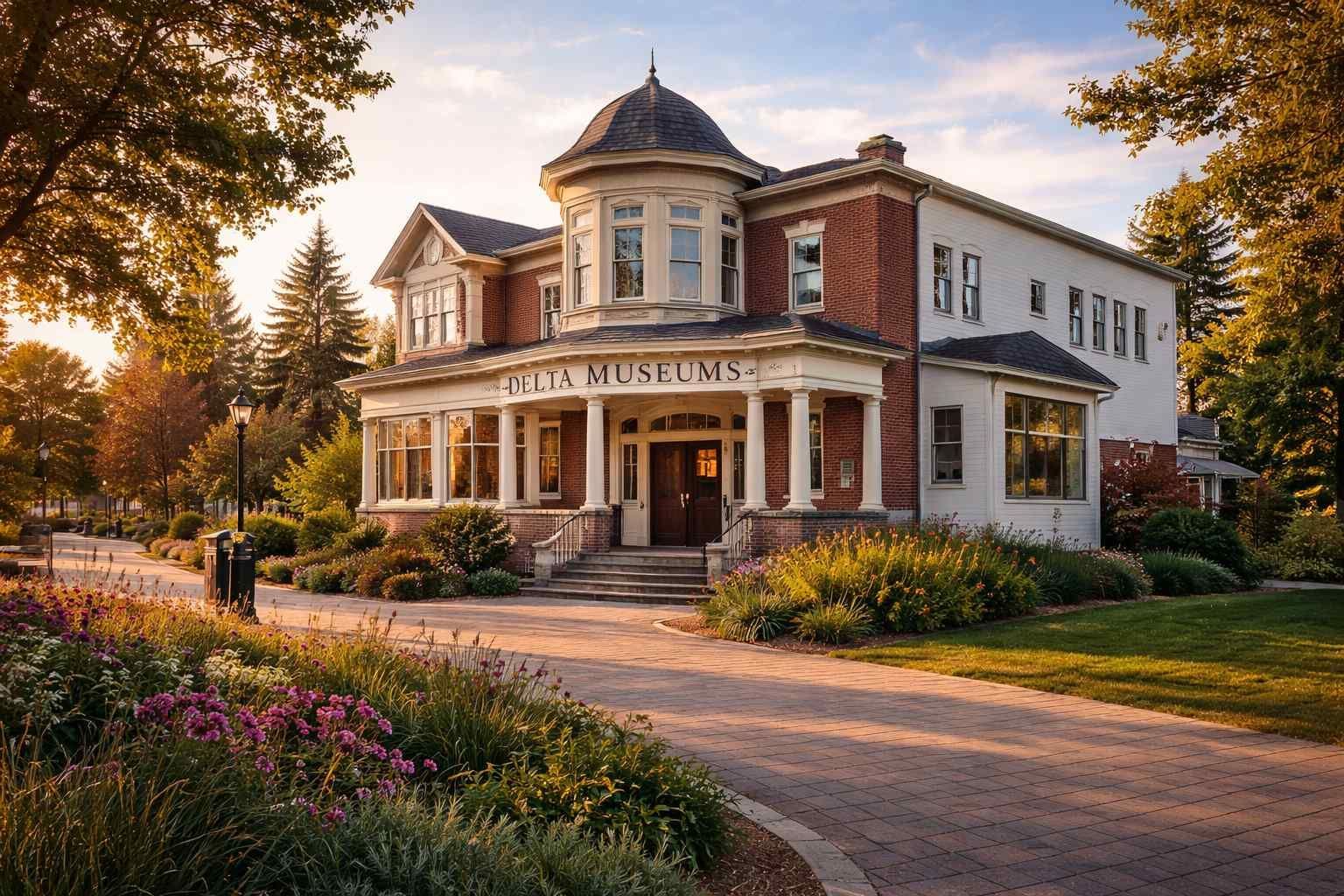 A red-brick museum building with a white porch and dome, nestled in a lush, sunny garden with a paved pathway.