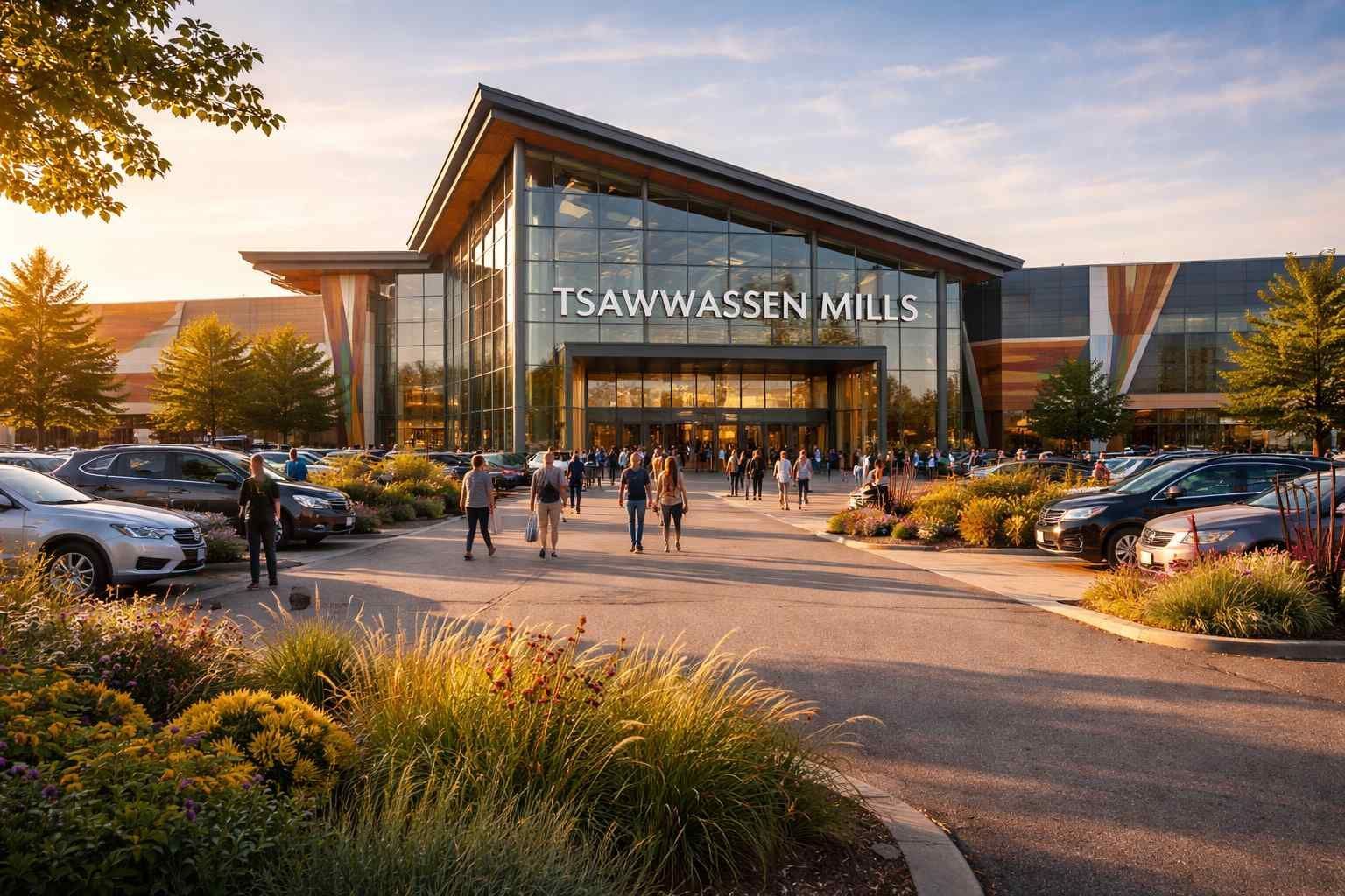 Tsawwassen Mills shopping center entrance with glass facade, people walking in a parking lot at sunset.