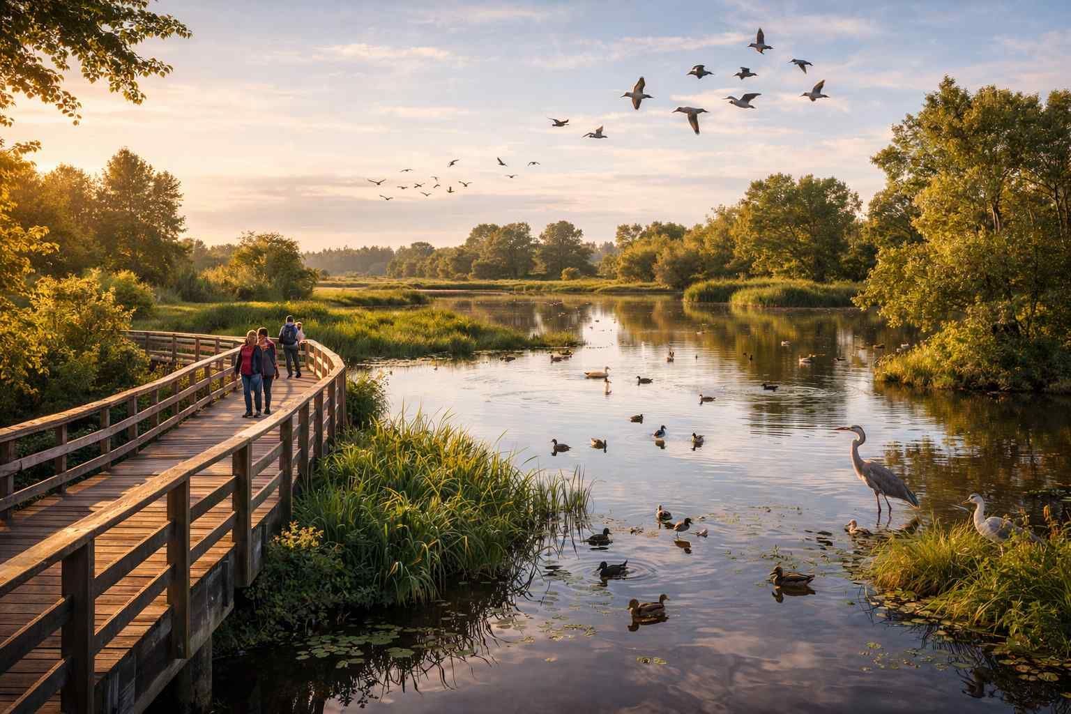 People walk on a wooden boardwalk along a calm river at sunset, with birds flying above and wading in the water.