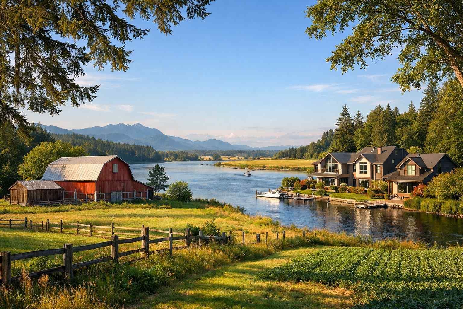 A red barn and a house sit on opposite banks of a calm river, surrounded by lush green fields, trees, and distant hills.