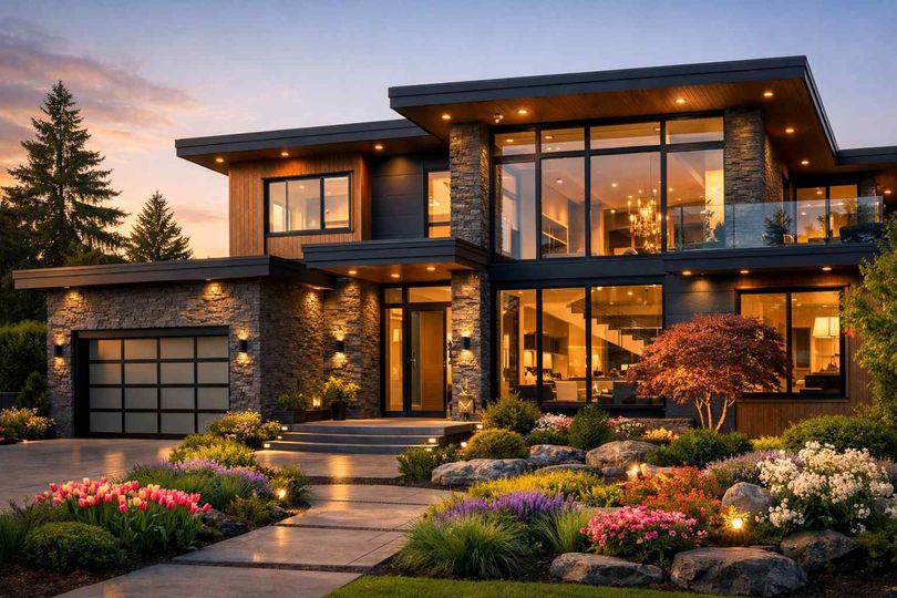 A modern two-story home with stone siding and large glass windows, illuminated at twilight, with a lush front garden.