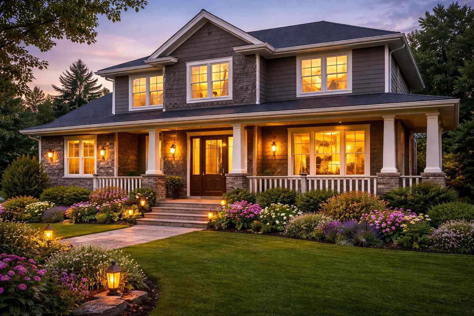 A two-story gray house with a stone facade, lit windows, and a landscaped yard at dusk.