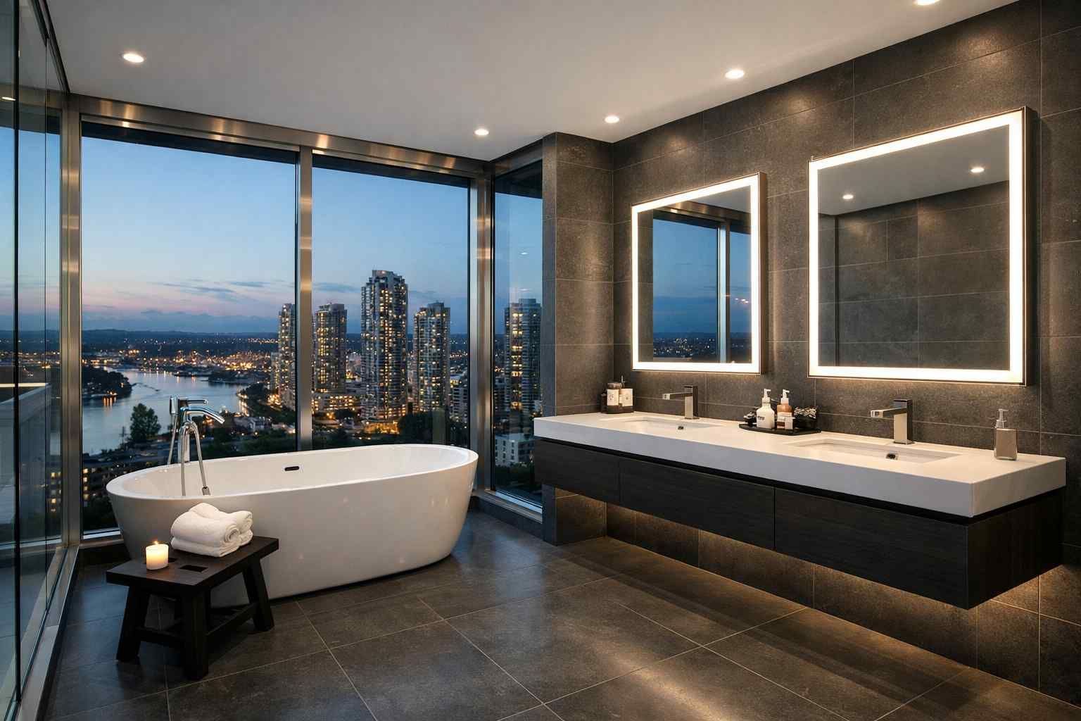 A luxury bathroom with a soaking tub and double vanity featuring illuminated mirrors overlooking a cityscape at dusk.