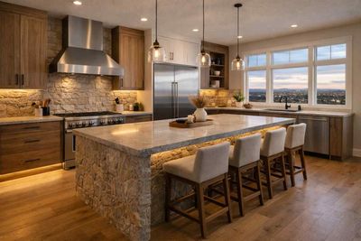 A modern kitchen featuring a large stone-based island, wooden cabinetry, stainless steel appliances, and a scenic window.