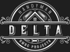 Logo for Handyman Delta featuring a smiling worker with crossed arms in front of a blue triangle, hammer, and tool.