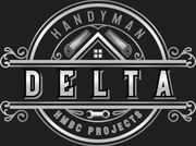 Logo for Handyman Delta featuring a smiling worker with crossed arms in front of a blue triangle, hammer, and tool.