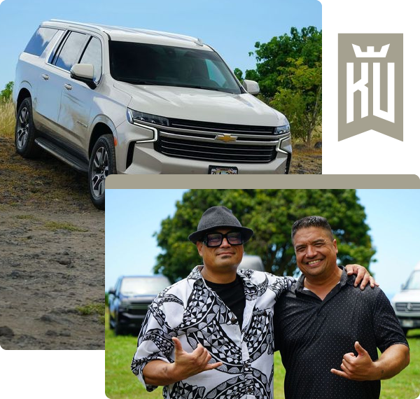 Two men are posing for a picture in front of a suv that says ku