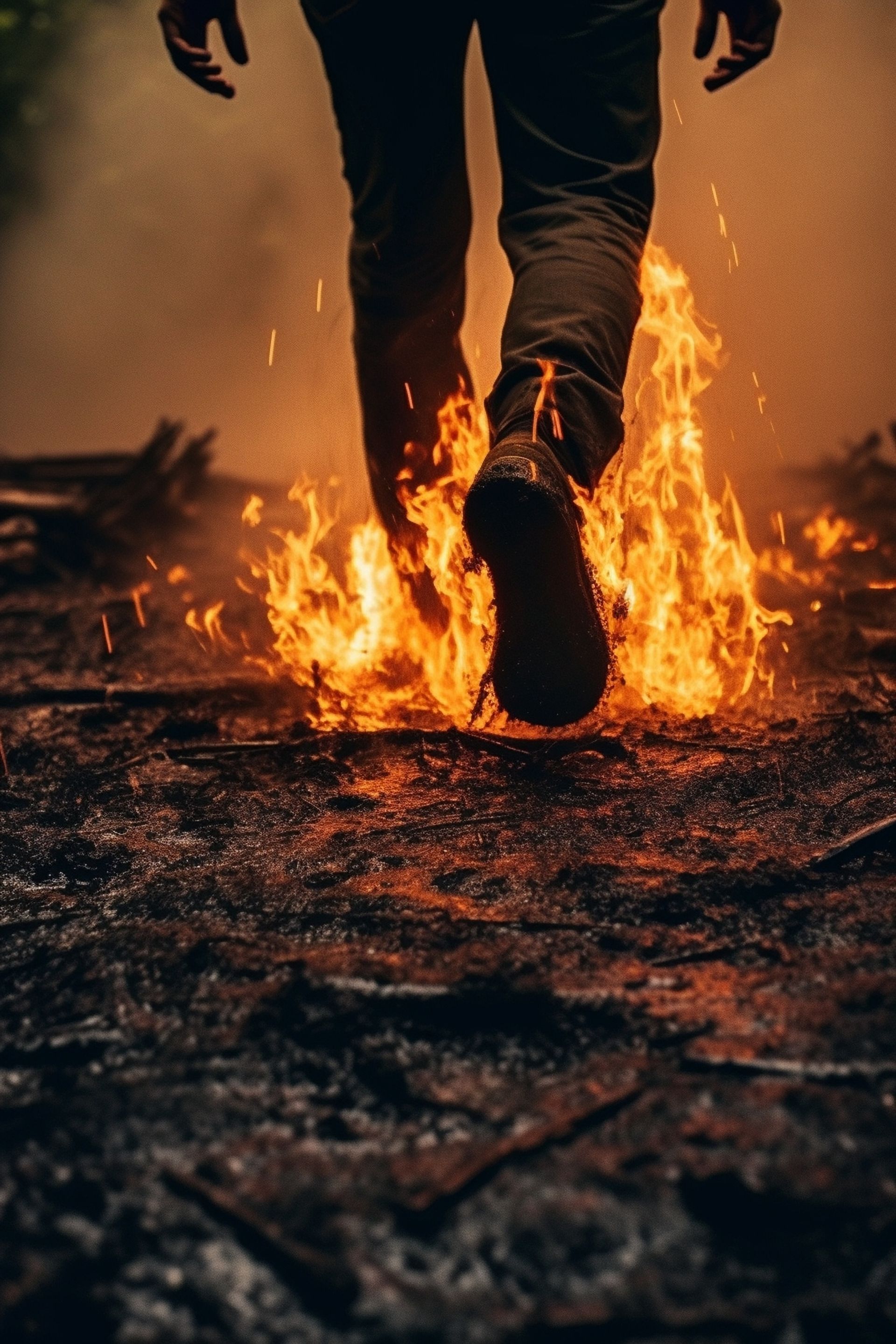 Person's legs and feet walking through fire on charred ground. Warm orange and black colors.