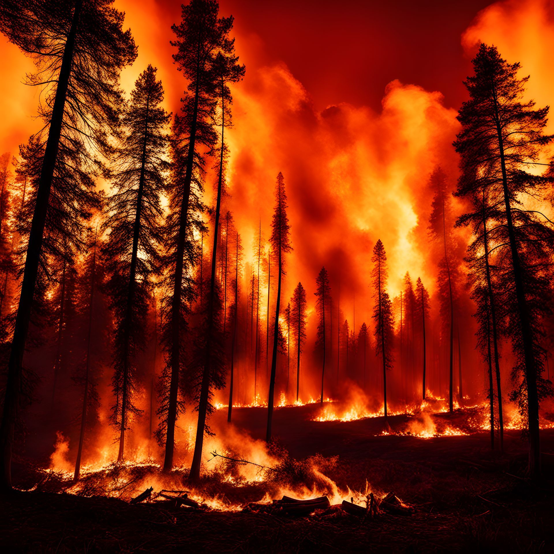 Forest fire engulfing trees in a fiery blaze; representing wildfire claims in California.