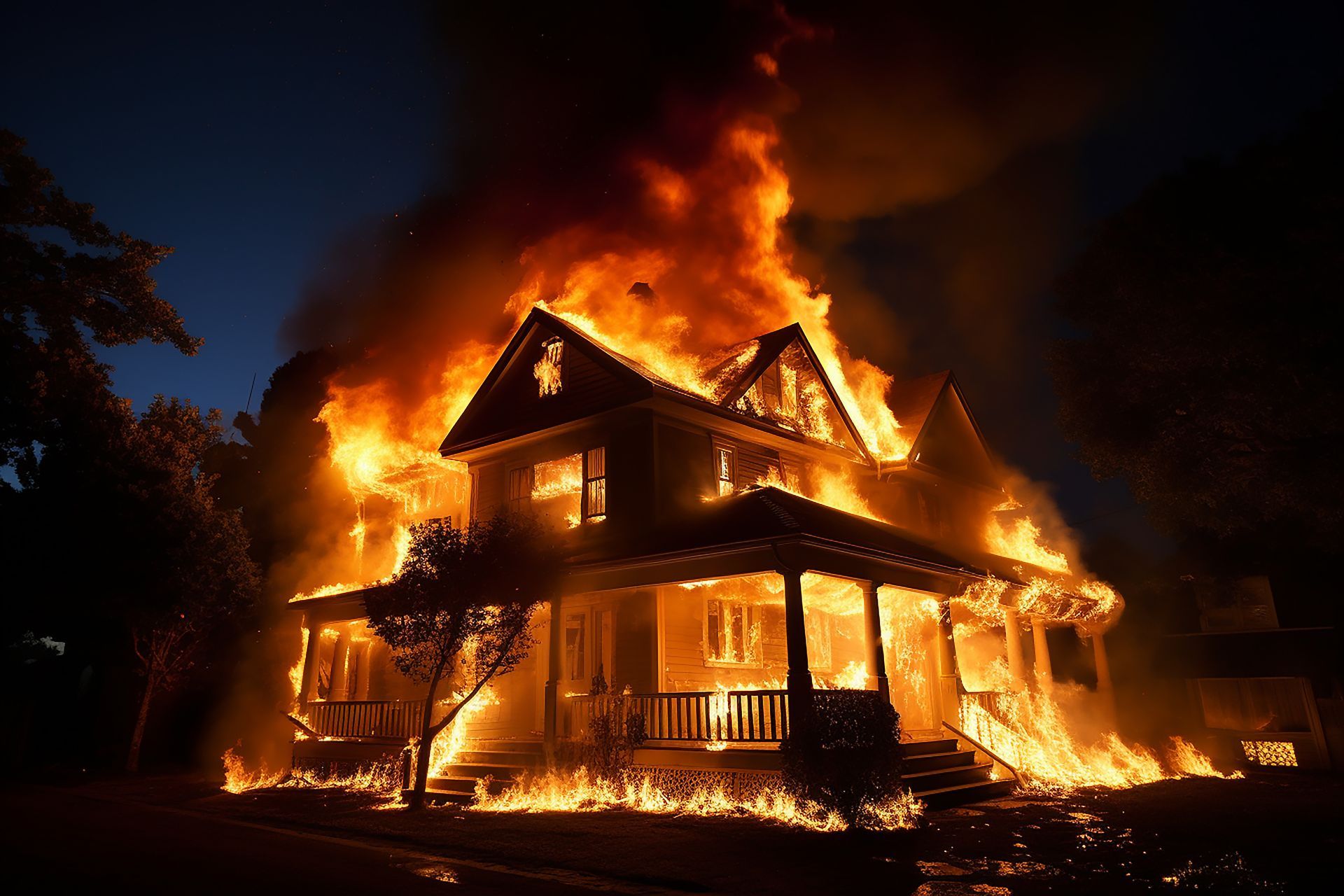 A house engulfed in flames, representing property damage claims after a wildfire in California.