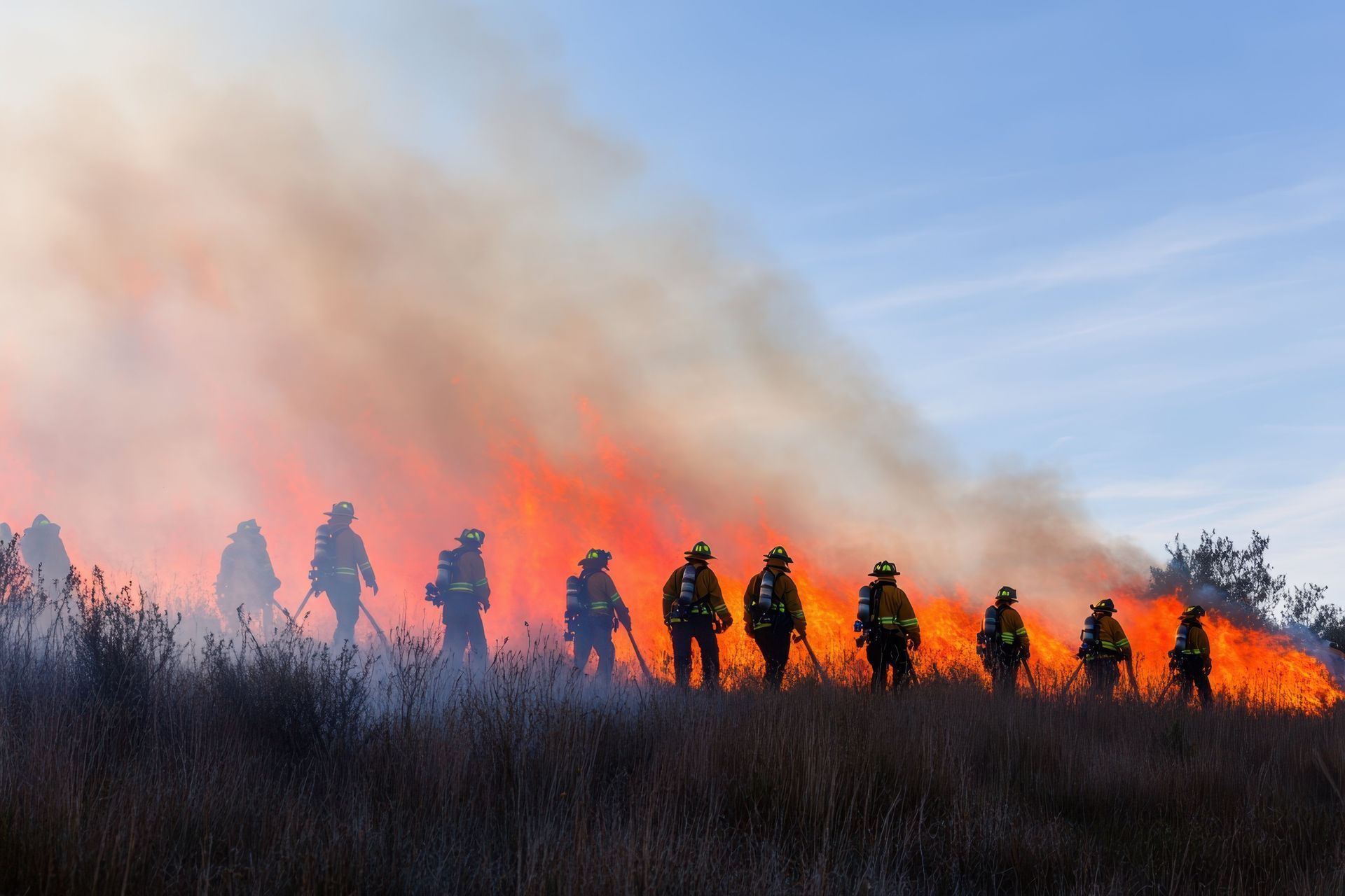 A group of firefighters are standing in front of a fire in a field.