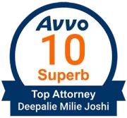 A logo that says avvo 10 superb top attorney deepalie milie joshi