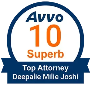 A logo that says avvo 10 superb top attorney deepalie milie joshi