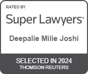 The logo for super lawyers is rated by deepalie millie joshi and selected in 2024.