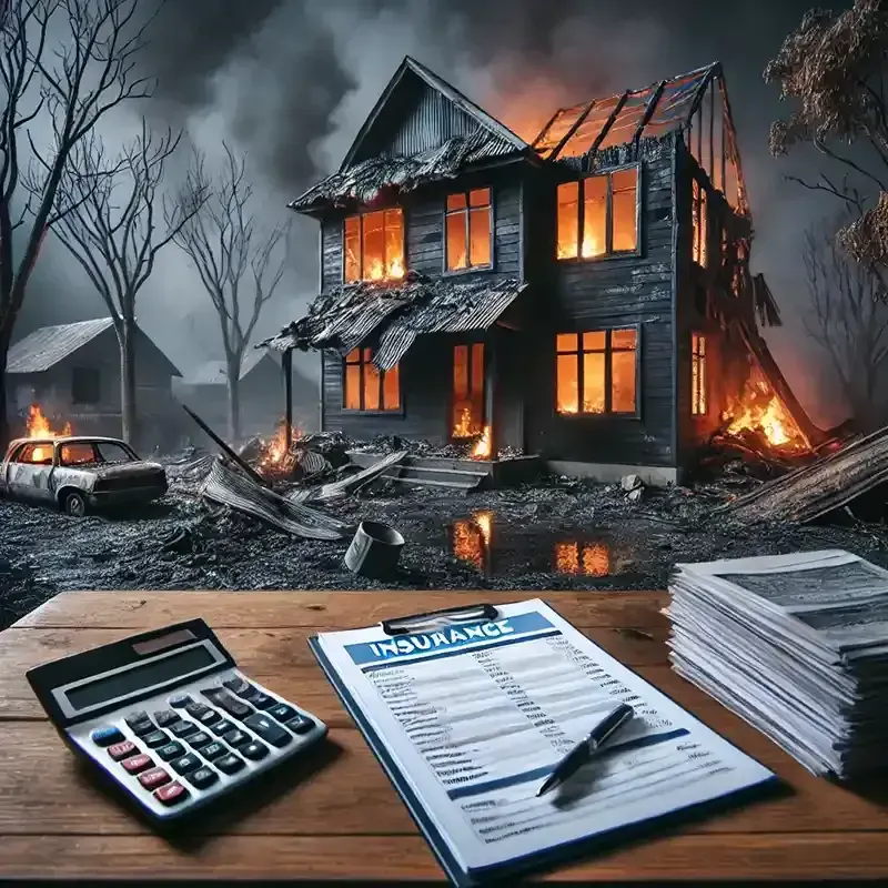 An image of a home on fire and a desk sitting outside 