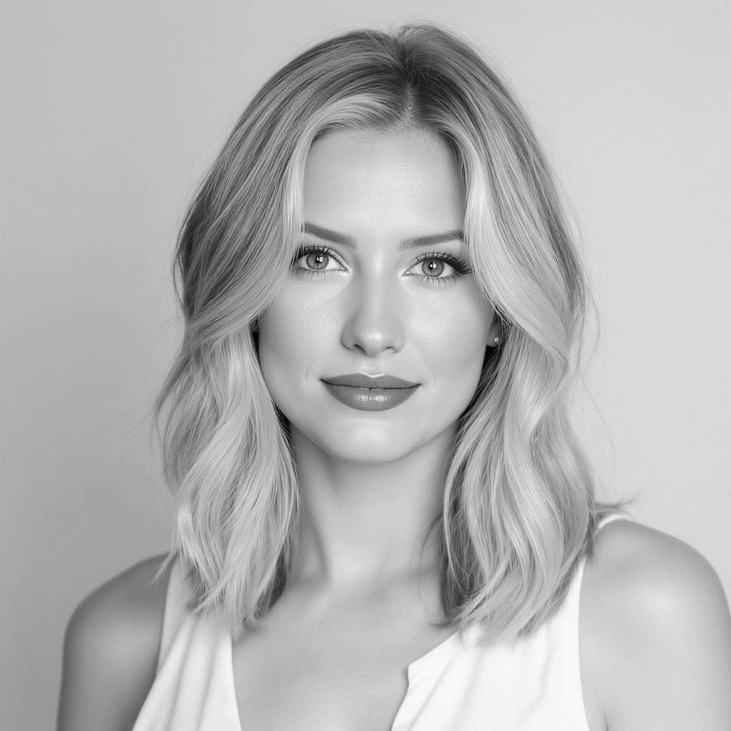 Woman with wavy blonde hair, wearing a white top, and red lipstick, looking at the camera.