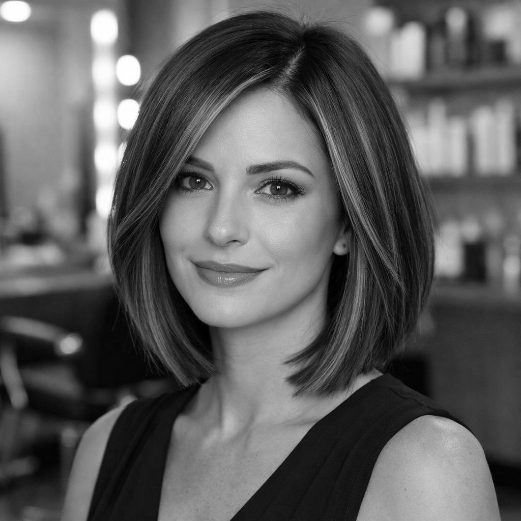 Woman with a short, layered bob smiles, in a salon setting.