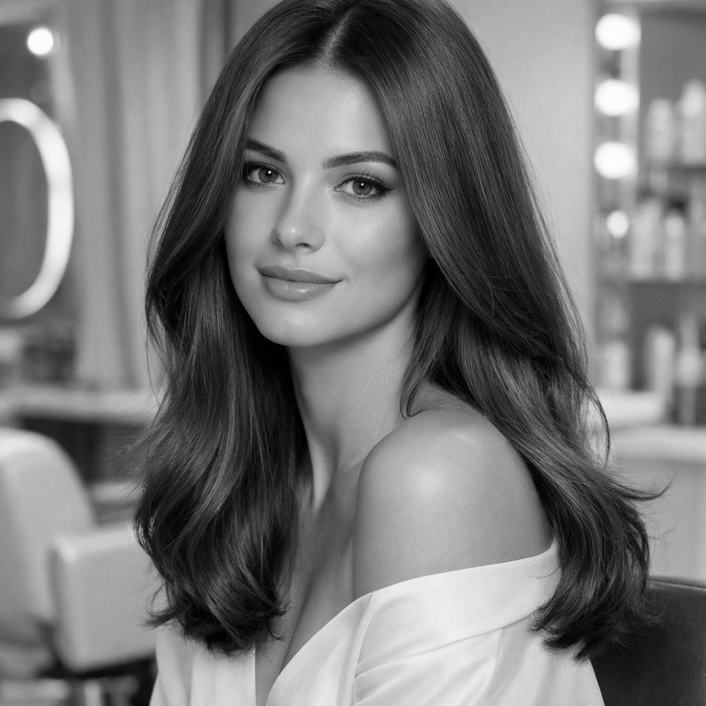 Woman with layered, shoulder-length hair, soft expression, wearing a light sweater, outdoors.