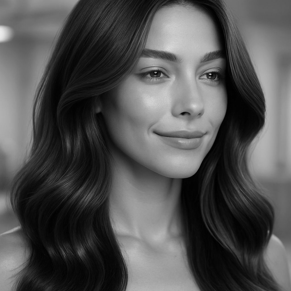 Woman with layered, shoulder-length hair, soft expression, wearing a light sweater, outdoors.