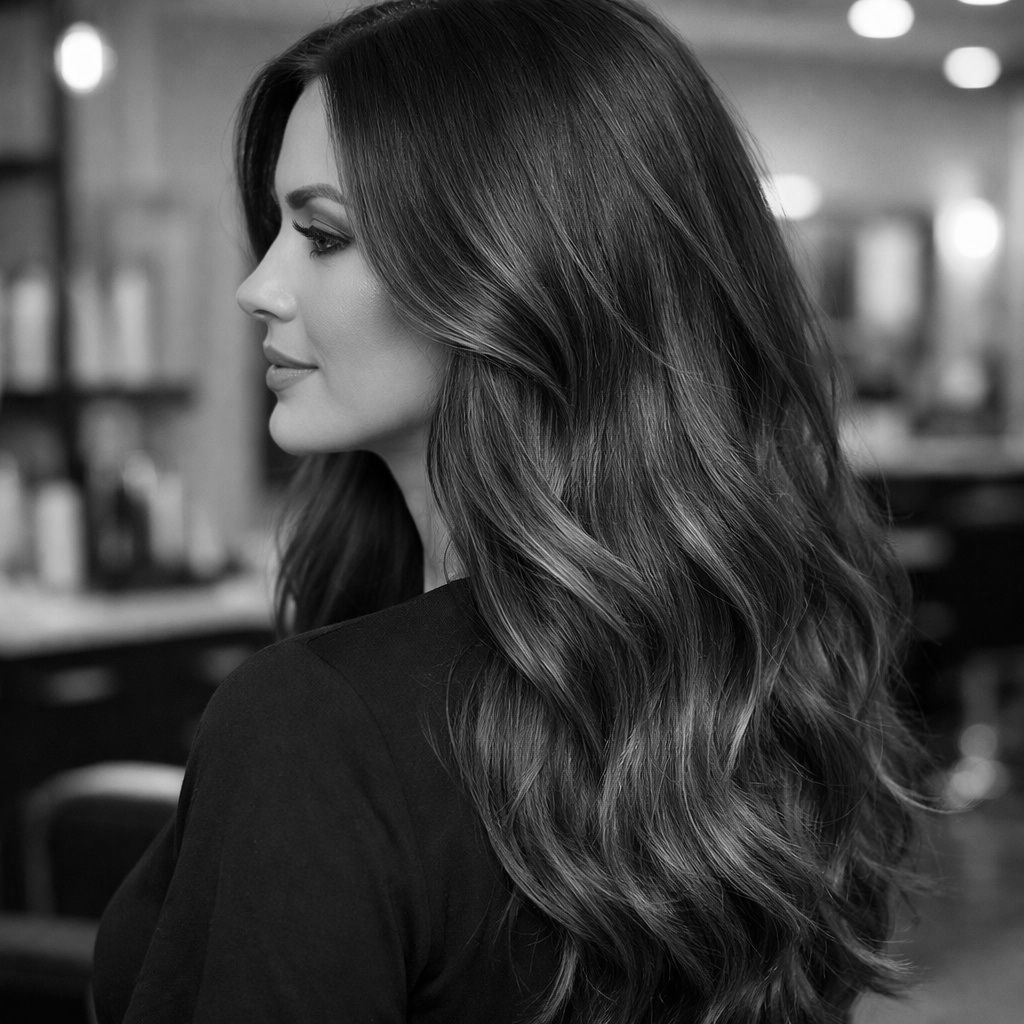 Woman with long, wavy hair, looking to the side in a hair salon.