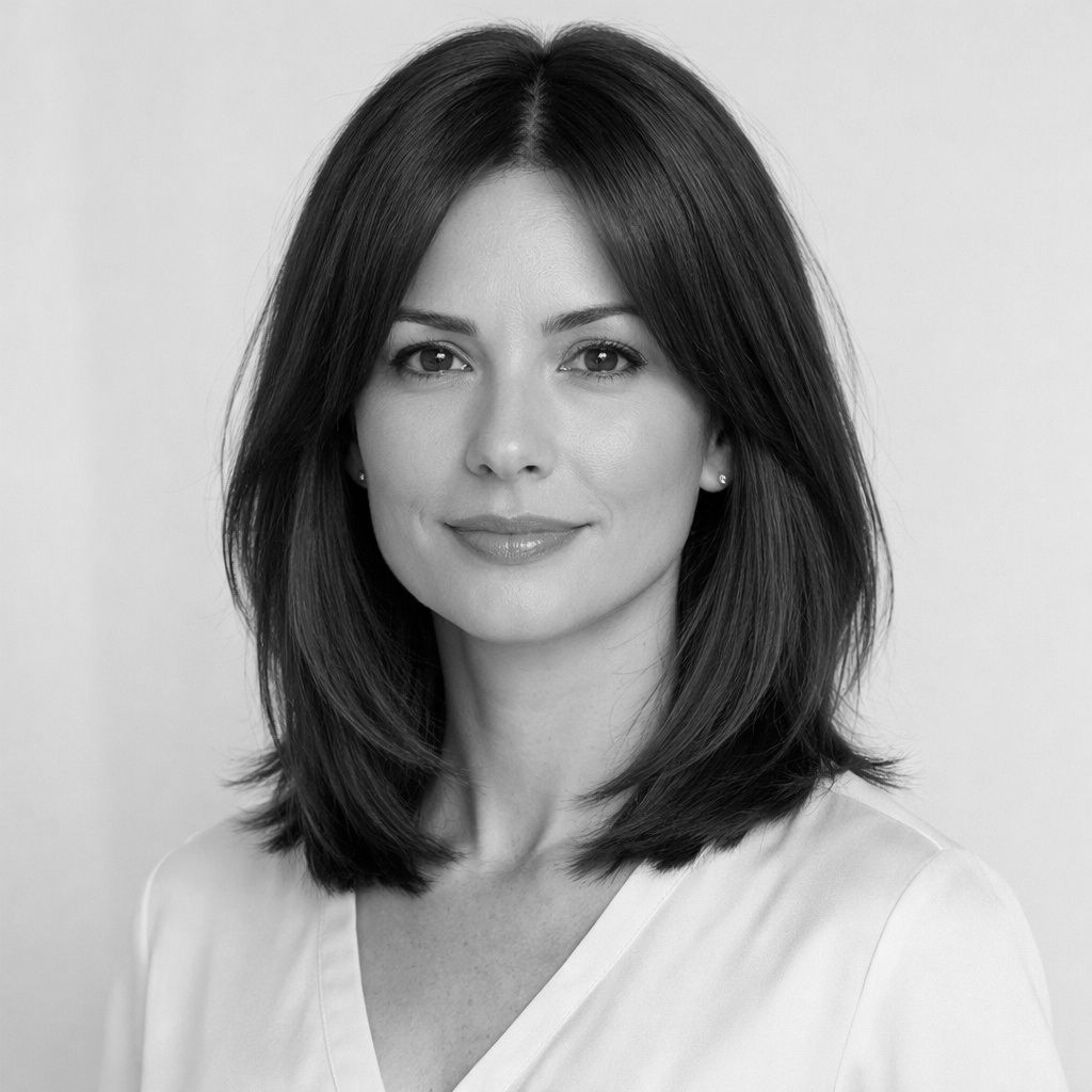 Woman with dark hair, smiling, wearing a light-colored blouse, in a studio setting.