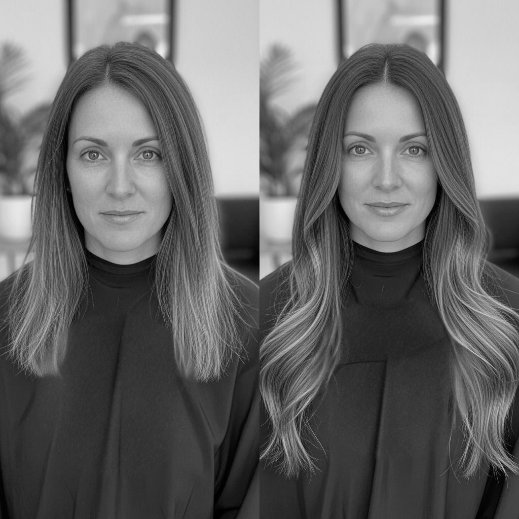 Woman with long hair before and after styling with waves.