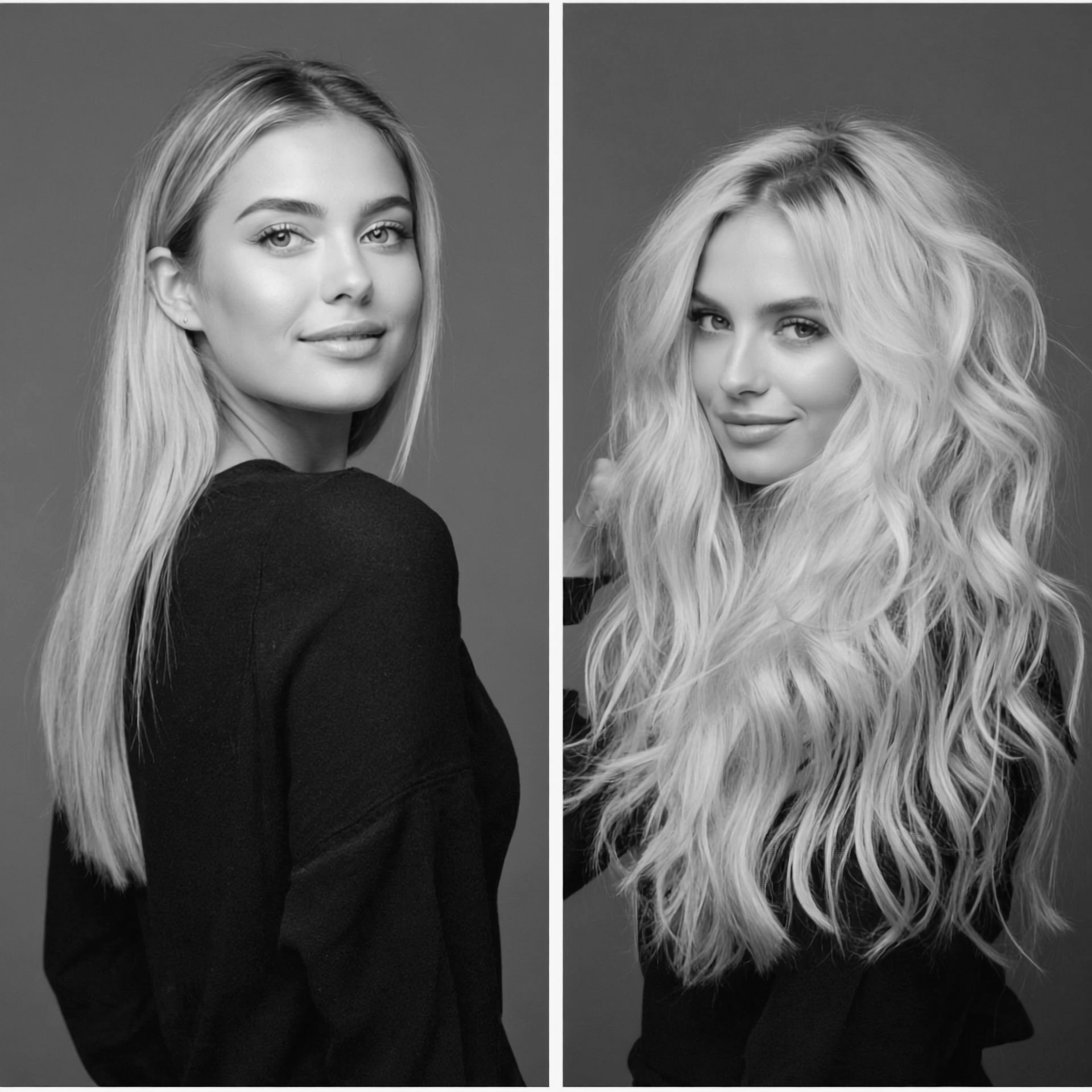Blonde woman, straight hair, looking over shoulder, then with long, wavy hair. Both in front of gray background.