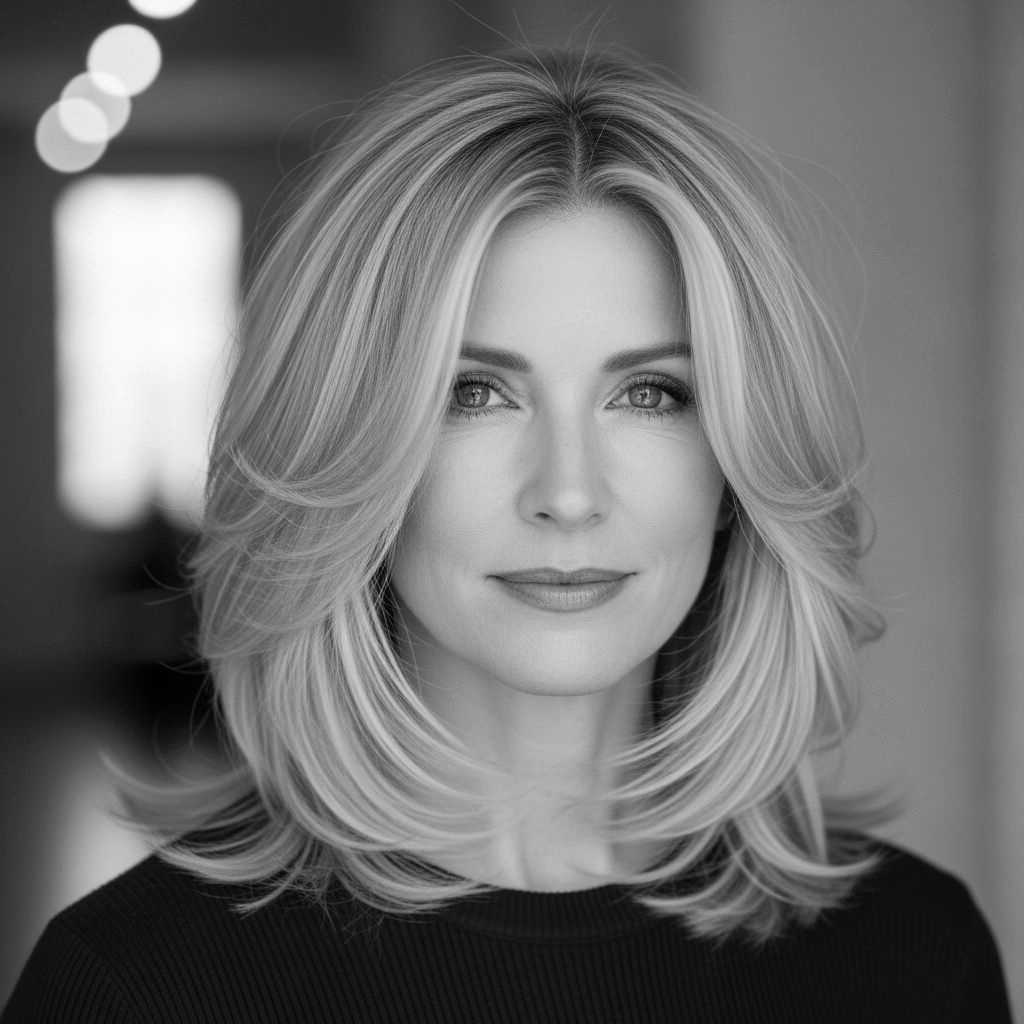 Woman with layered blonde hair, wearing a black top, looking at the camera.