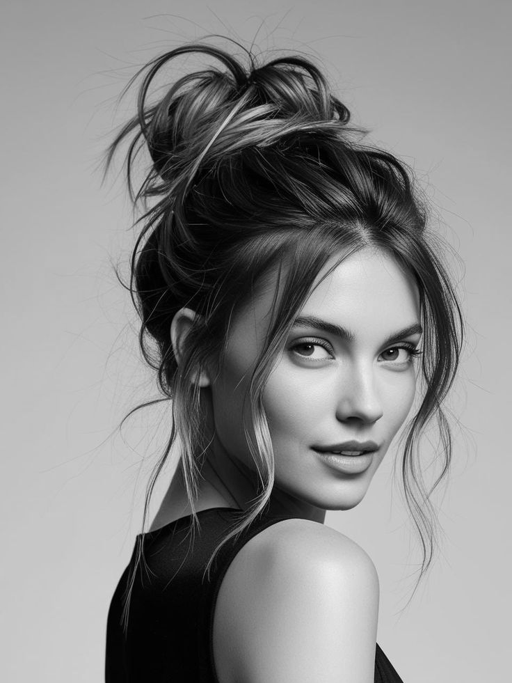 Woman with wavy, layered bob, looking towards the camera, salon background.