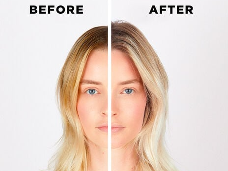 A before and after photo of a woman with blonde hair.