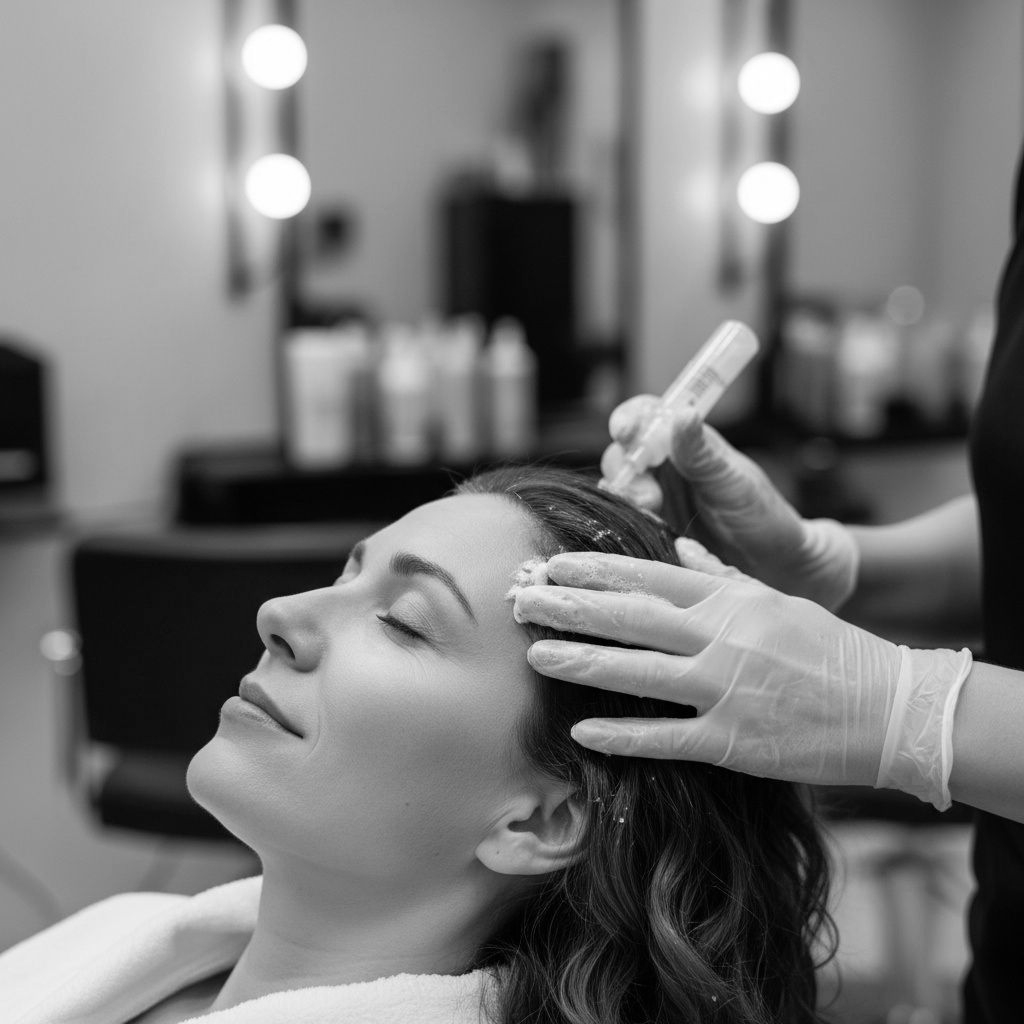 Woman receiving scalp treatment at a salon, eyes closed. Hands apply product; lit mirror in the background.