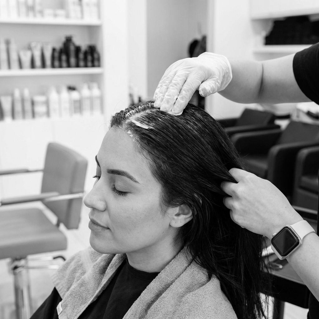 Hair stylist applying product to a client's hair in a salon. The client has eyes closed.