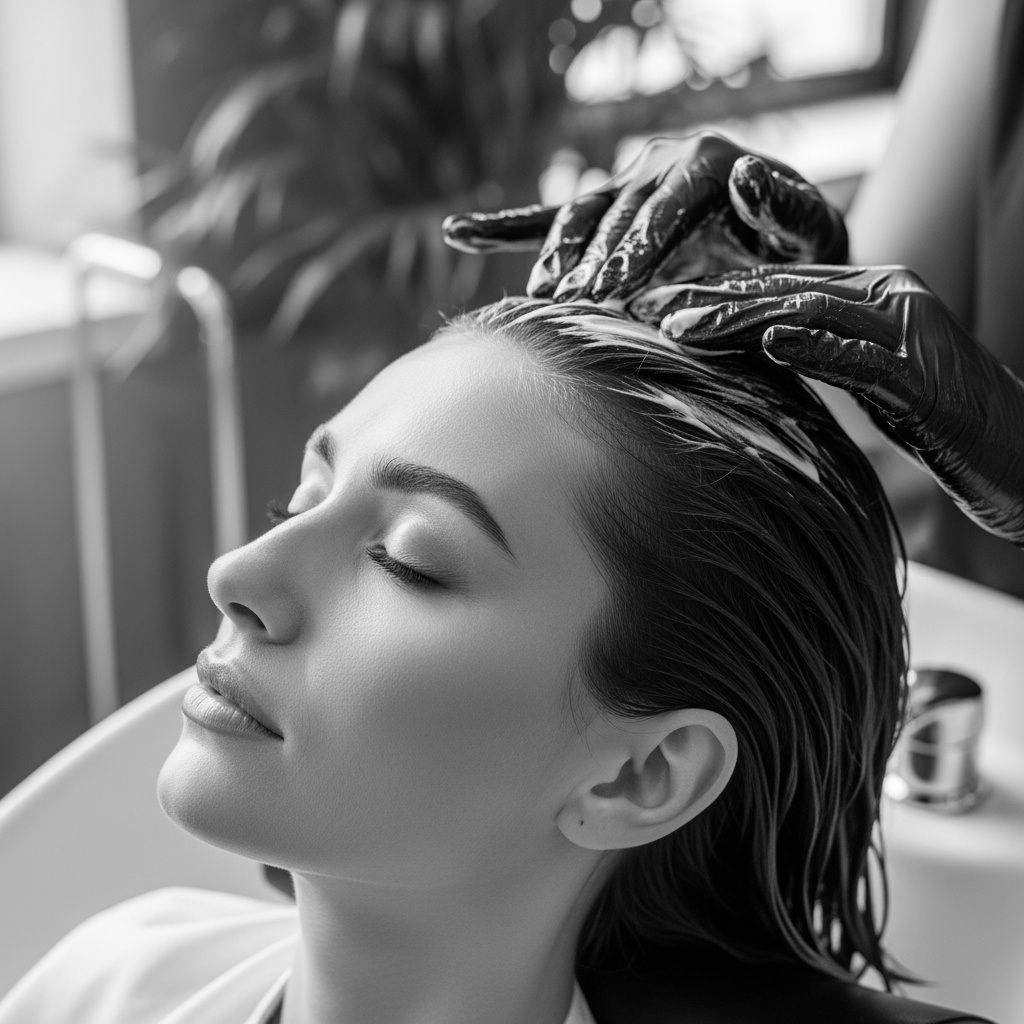 Woman having hair treated in a salon, hands in black gloves applying product.