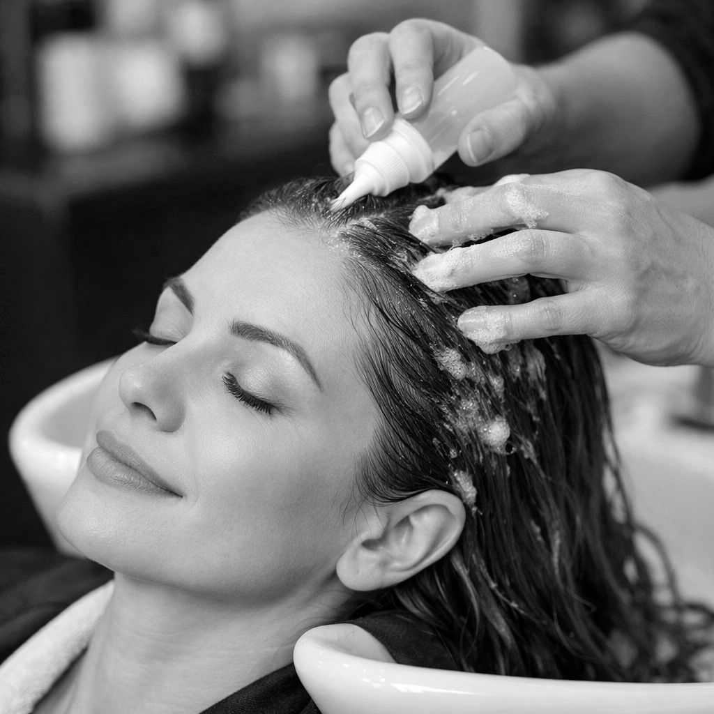 Woman having hair washed at a salon, eyes closed, with product being applied.