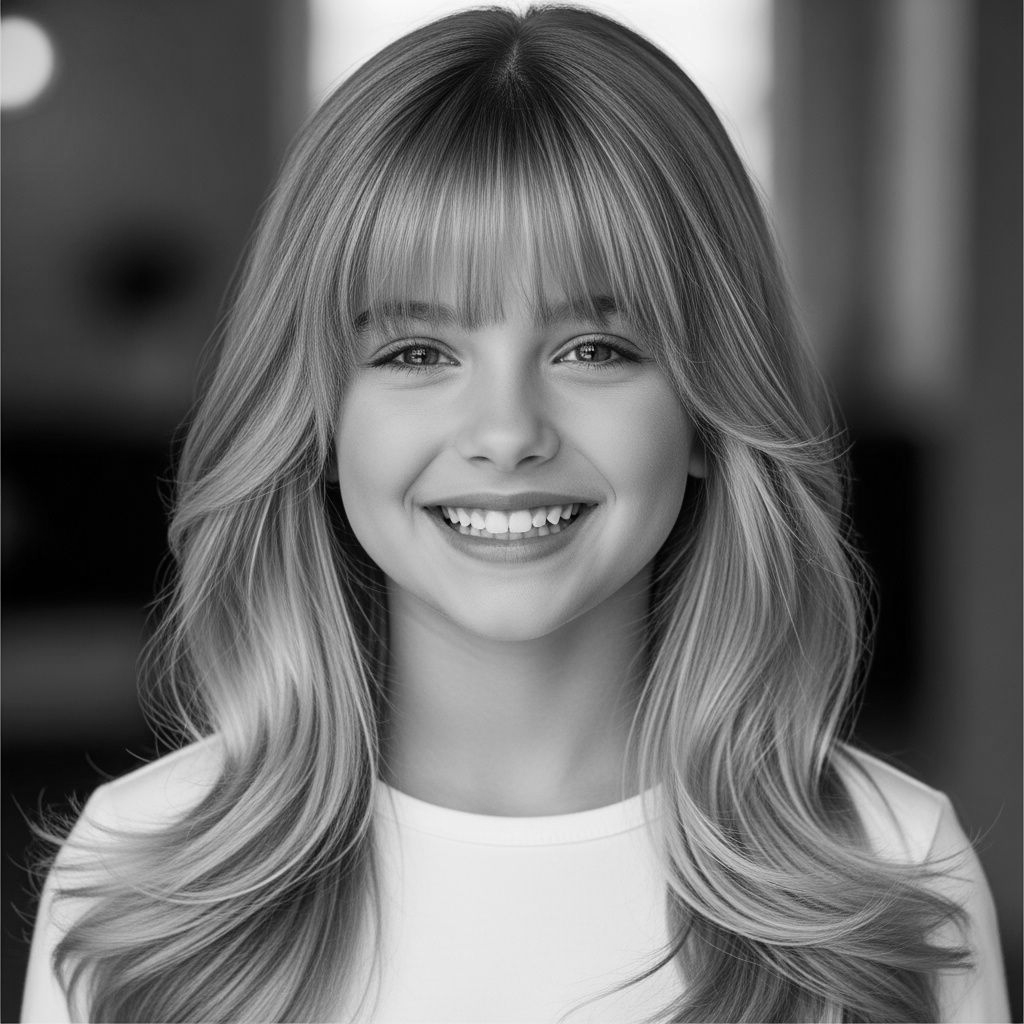 Smiling child with long, wavy blonde hair and bangs, wearing a white shirt.