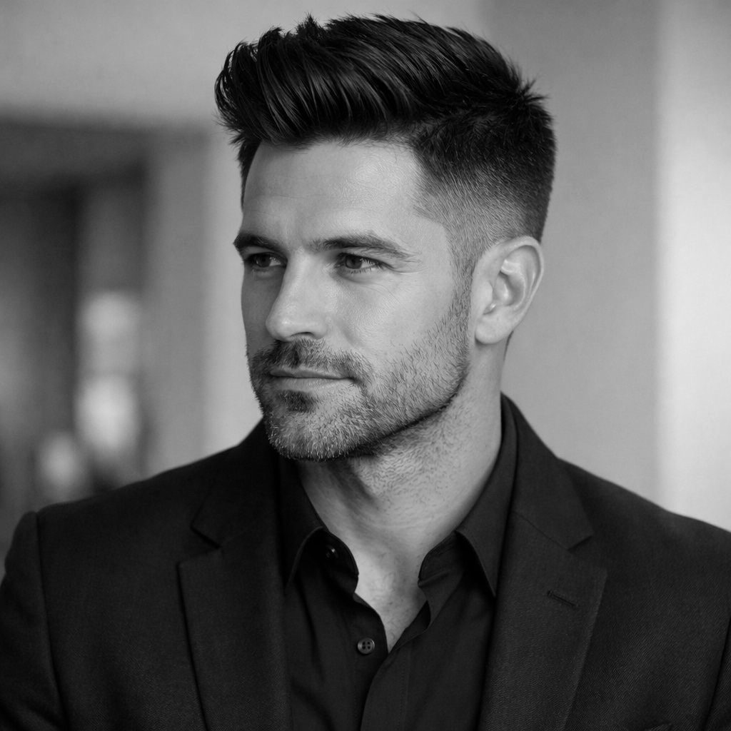 Man with dark hair and beard, wearing a black shirt and suit jacket, looking to the side.