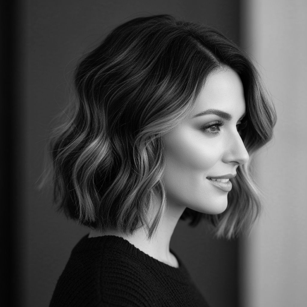 Woman with wavy, short brown hair smiles, looking to the right.