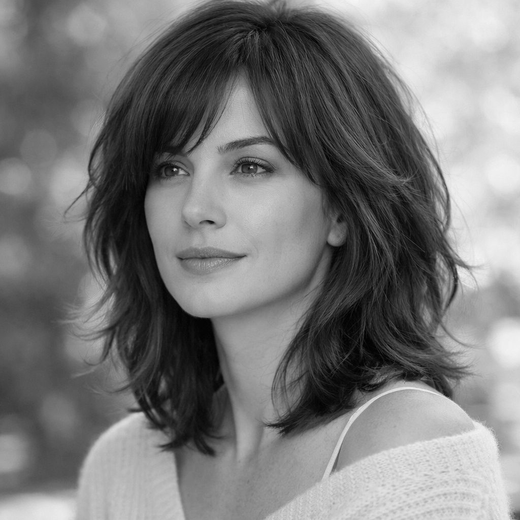 Woman with layered, shoulder-length hair, soft expression, wearing a light sweater, outdoors.