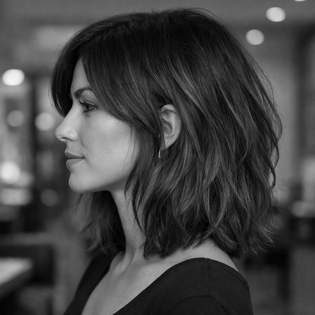 Woman with dark, wavy bob hairstyle in profile, wearing black top.