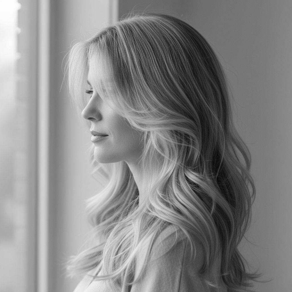Blonde woman looking out a window, side profile.