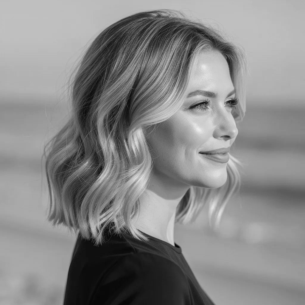 Woman with wavy blonde hair looking toward the right, ocean in the background.