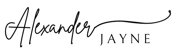 A handwritten logo for alexander jayne on a white background.