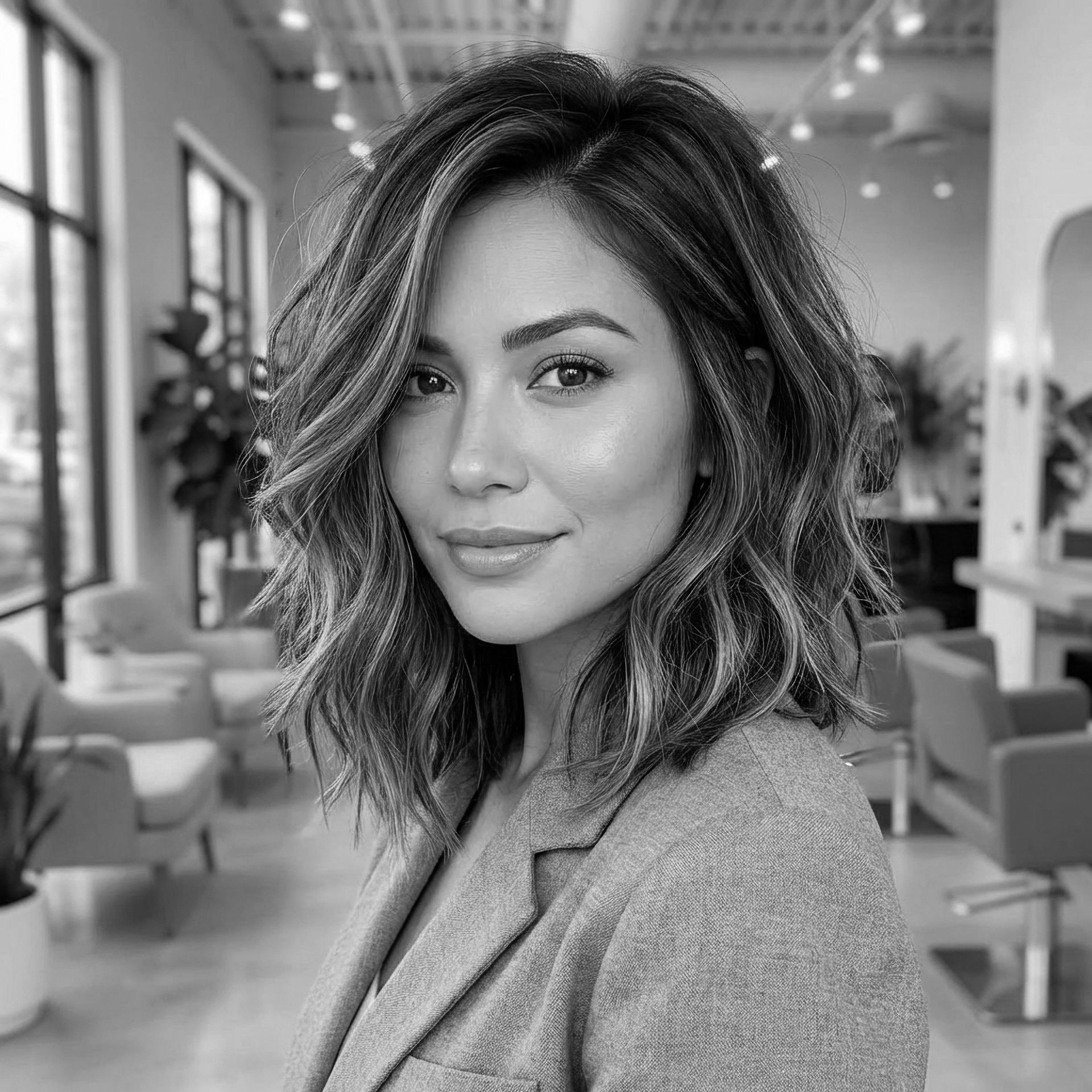 Woman with wavy bob hairstyle, wearing a blazer, in a salon setting.