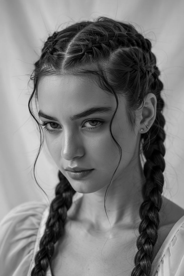 Woman with braided pigtails, looking at the viewer. Black and white, studio setting.