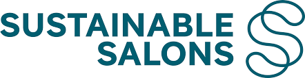 The logo for sustainable salons is blue and has a swirl in the middle.